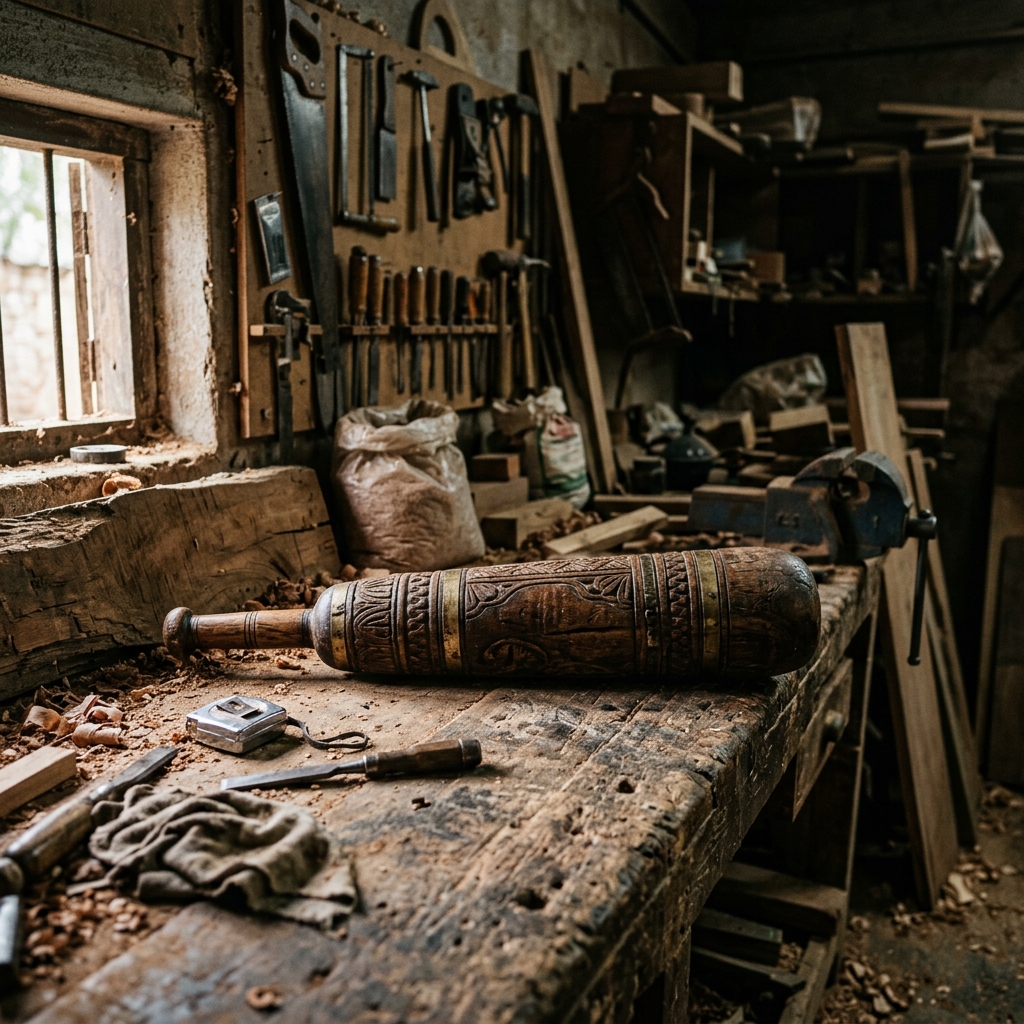 Traditional Indian wooden club on workbench