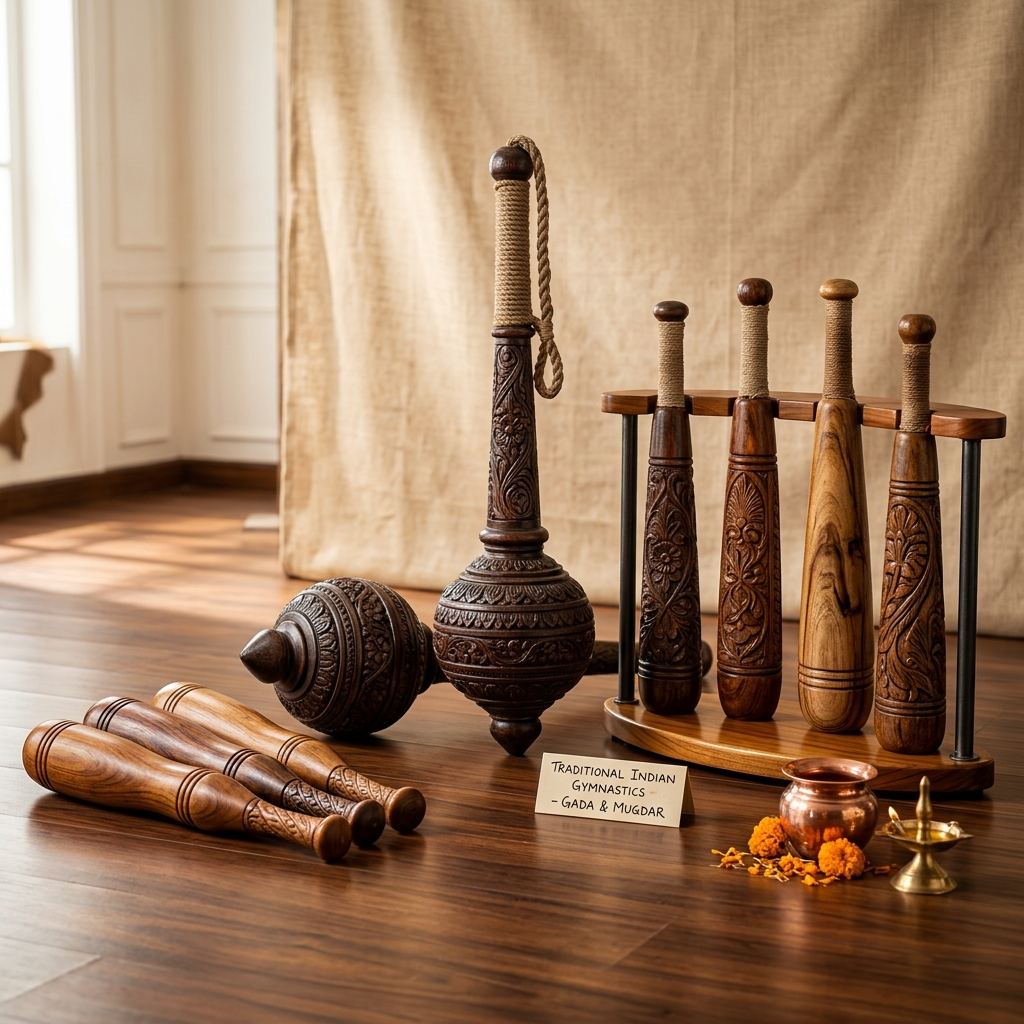 Traditional Indian wooden training equipment collection